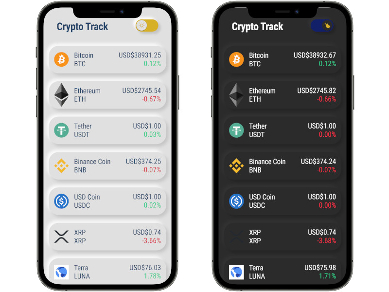 Crypto tracker home in dark and light mode